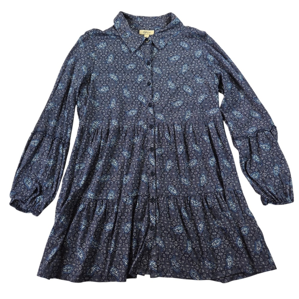Style & Co Womens M Navy Blue Paisley Tiered Button Front Tunic Top Babydoll